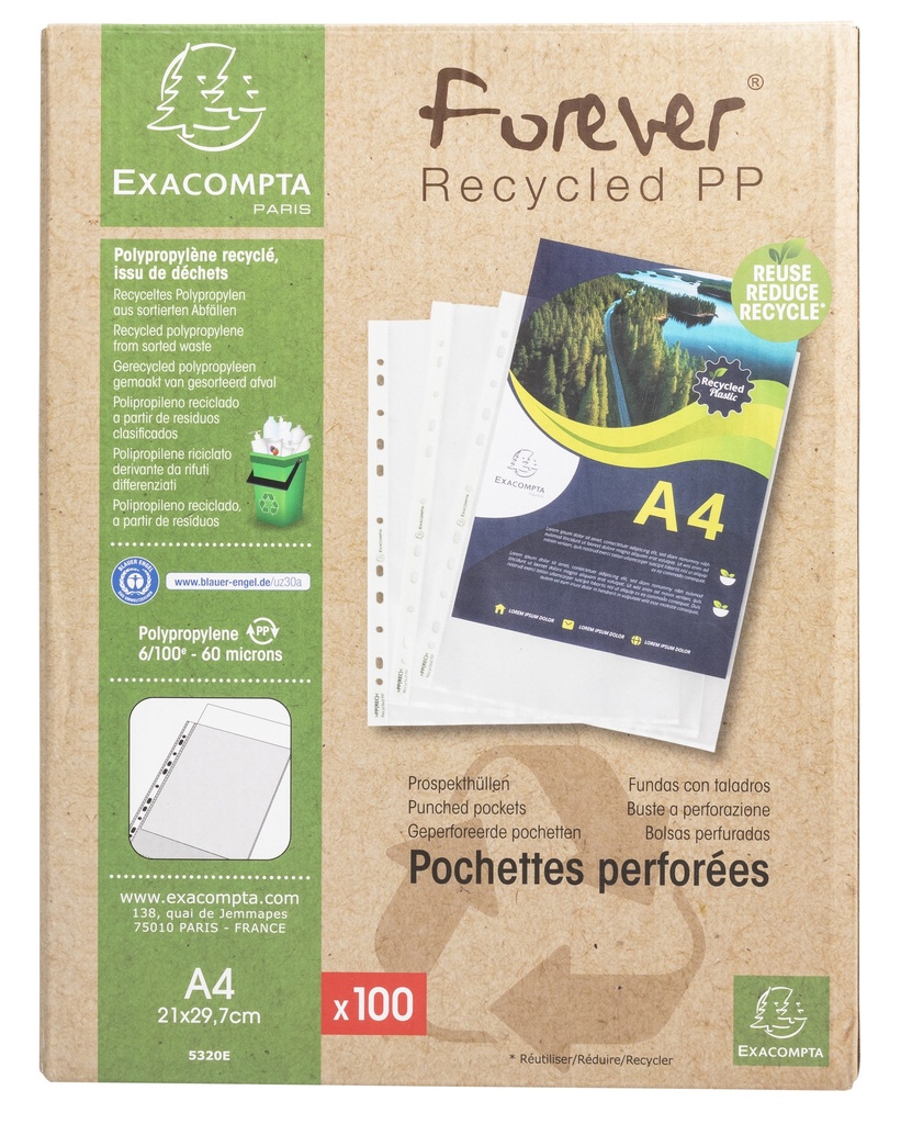 POCHETTES PERFOREES A4 FOREVER RECYCLE, BTE DE 100* NOUVEAU