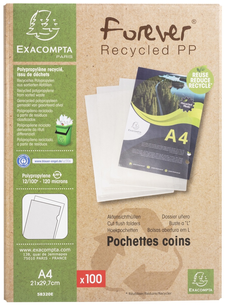 PROTEGE-DOCUMENT A4 FOREVER RECYCLE, BTE DE 100* NOUVEAU