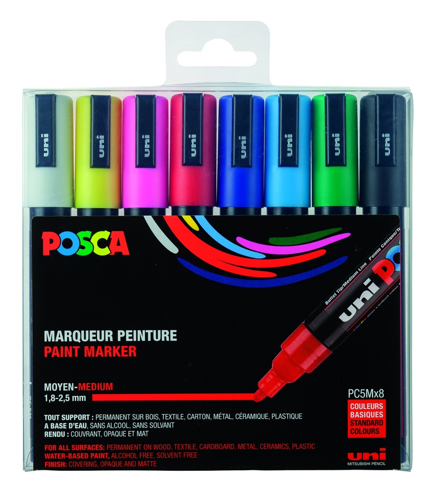 MARQUEURS POSCA PC5M COULEURS BASIQUES, ÉTUI DE 8