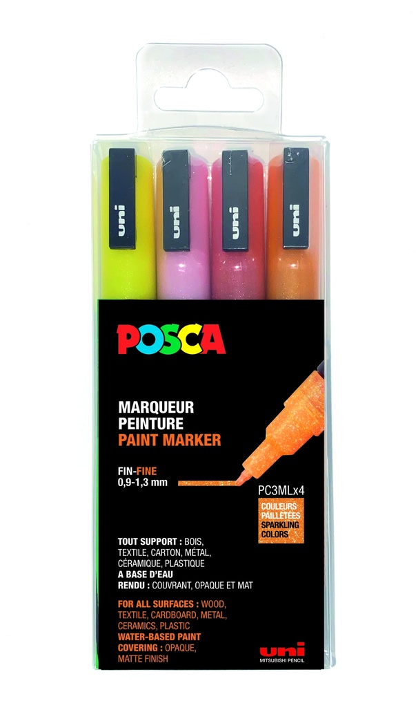 POSCA PC3M WARM COLOUR GLITTER MARKERS, BOX OF 4