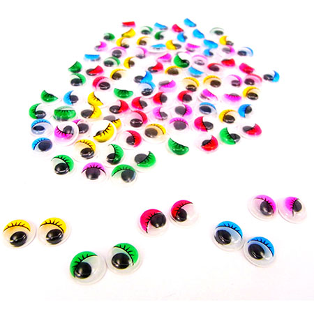 YEUX MOBILES À COLLER COLORÉS AVEC CILS, 100 PIÈCES