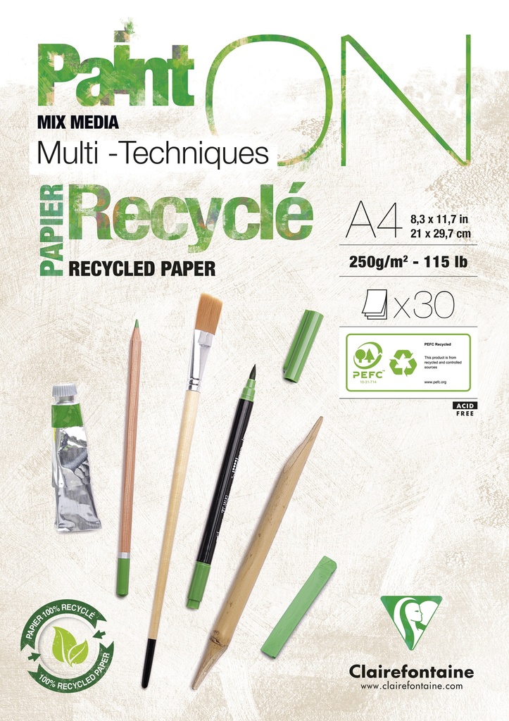BLOC MULTI-TECHNIQUES "RECYCLED" 250 G A4, 30 FEUILLES