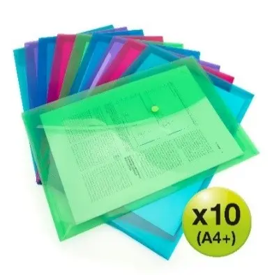 POCHETTES-ENVELOPPES COLORÉES TRANPARENTES A4+ AVEC PRESSION, LOT DE 10