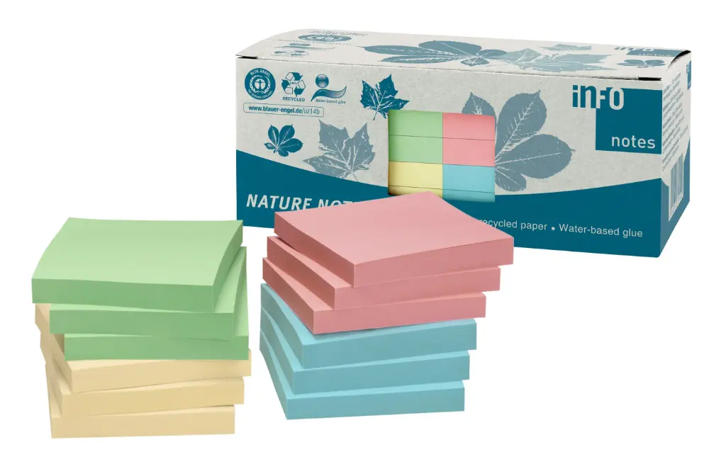 NOTES ADHÉSIVES COLORÉES RECYCLÉES 75X75MM, BOÎTE DE 12 