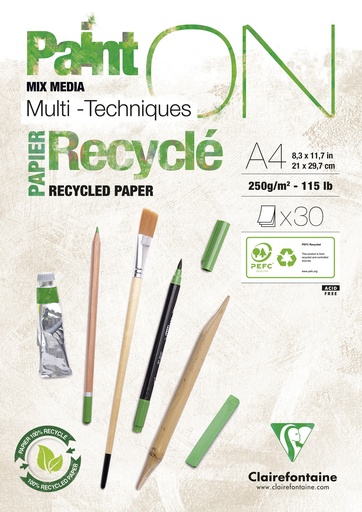 [BA042] BLOC MULTI-TECHNIQUES "RECYCLED" 250 G A4, 30 FEUILLES