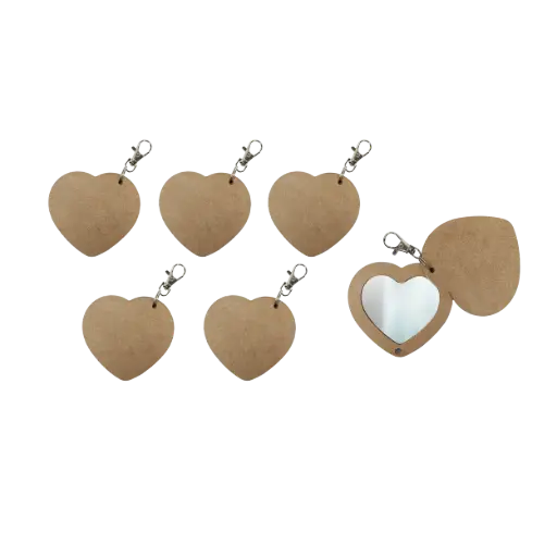 [80392] PORTE-CLÉS MIROIR EN BOIS "COEUR", LOT DE 6