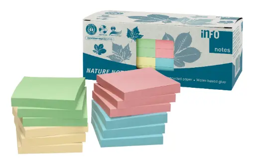 [1068] NOTES ADHÉSIVES COLORÉES RECYCLÉES 75X75MM, BOÎTE DE 12 