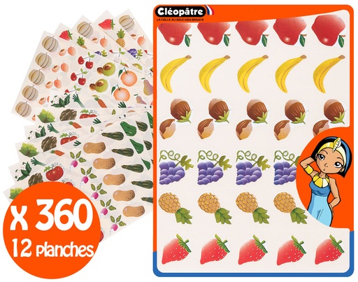 [829953] GOMMETTES ADHÉSIVES FRUITS ET LÉGUMES, 12 PLANCHES
