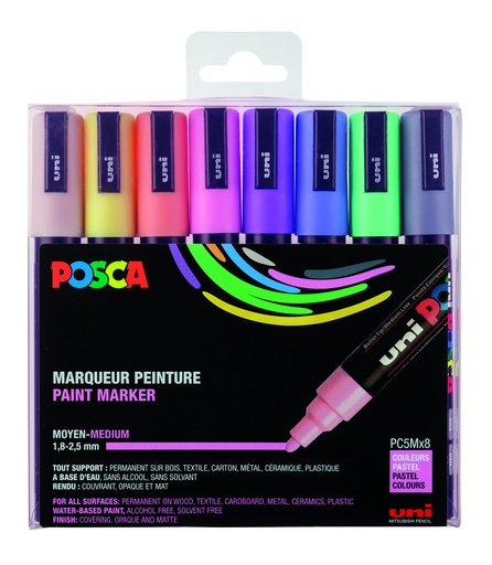 [53731C] POSCA PC5M KLEURMARKERINGEN. PASTEL, DOOS VAN 8