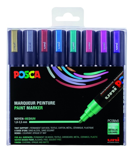 [53731M] MARQUEURS POSCA PC5M COUL. MÉTAL, ÉTUI DE 8