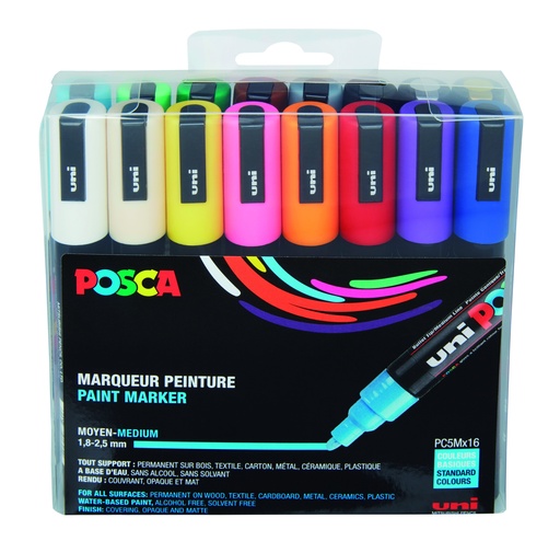 [5373] POSCA PC5M BASISKLEUREN MARKERS, DOOS VAN 16